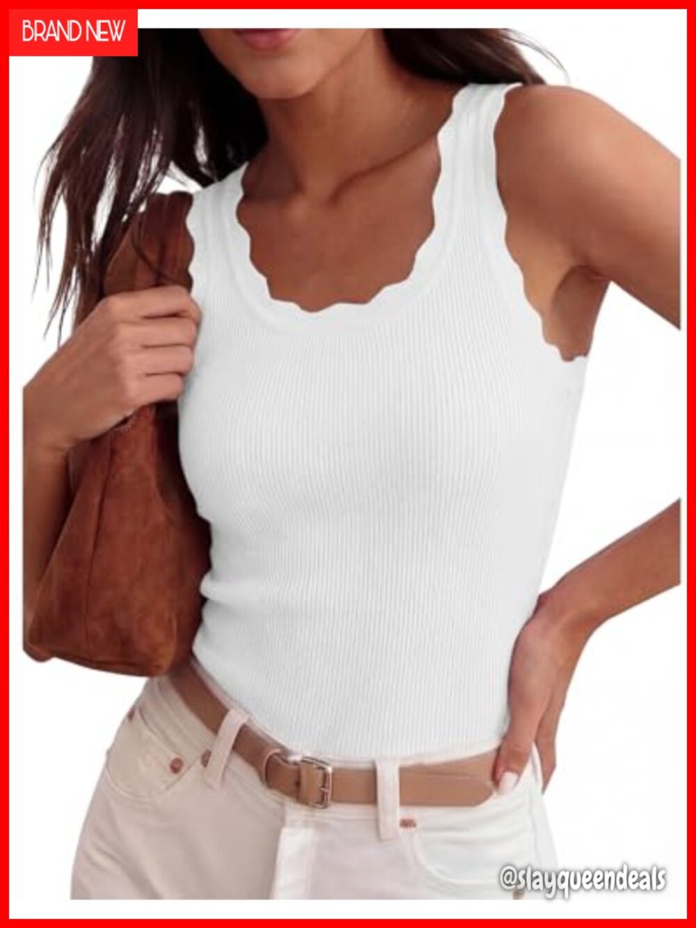 Ribbed Knit Sweater Vest Sleeveless Scalloped Neck Fitted Layer